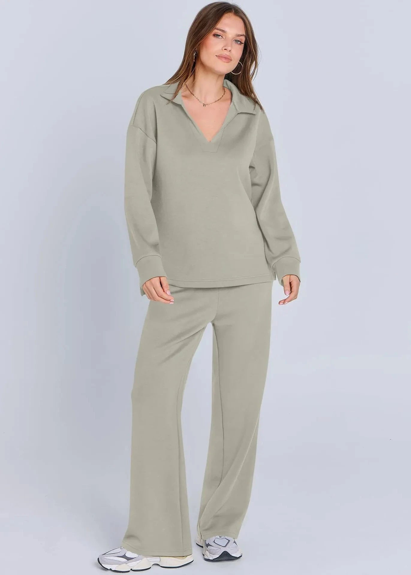 Ontspannen Kraag Pullover & Wijde Pantalon Set