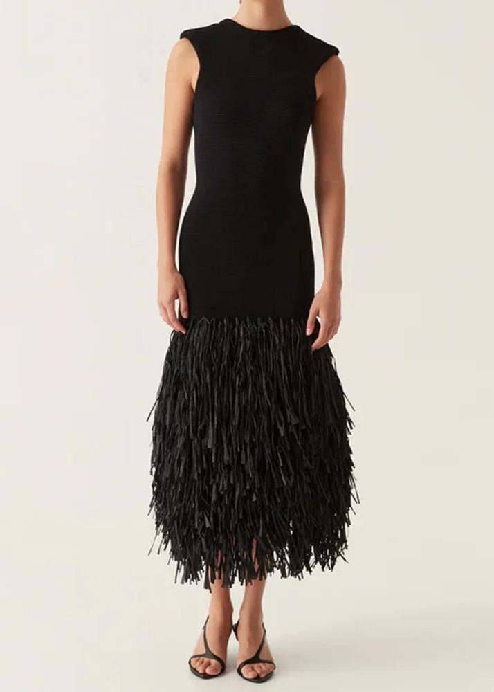 Noir Fringe Knit Midi Dress