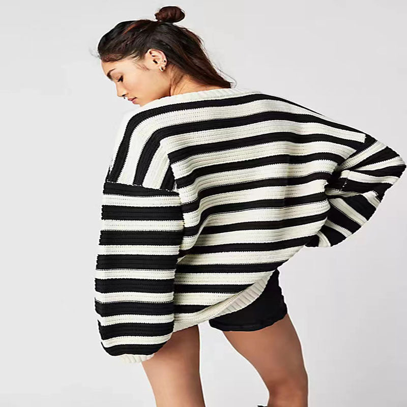 Printed Striped Long Sleeve Pullover Crew Neck Sweater