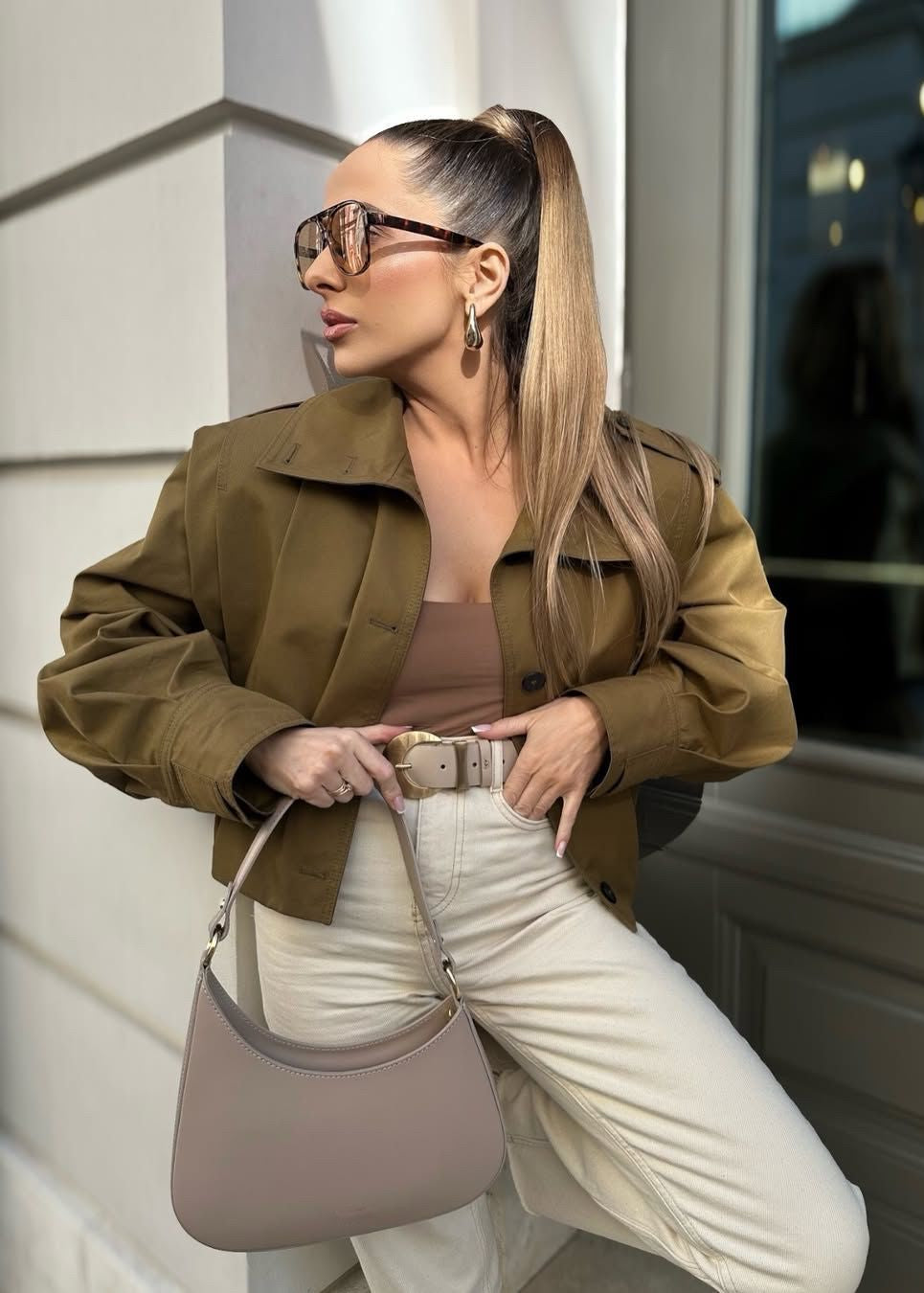 Cropped Button-Up Jacket with Epaulettes – Khaki