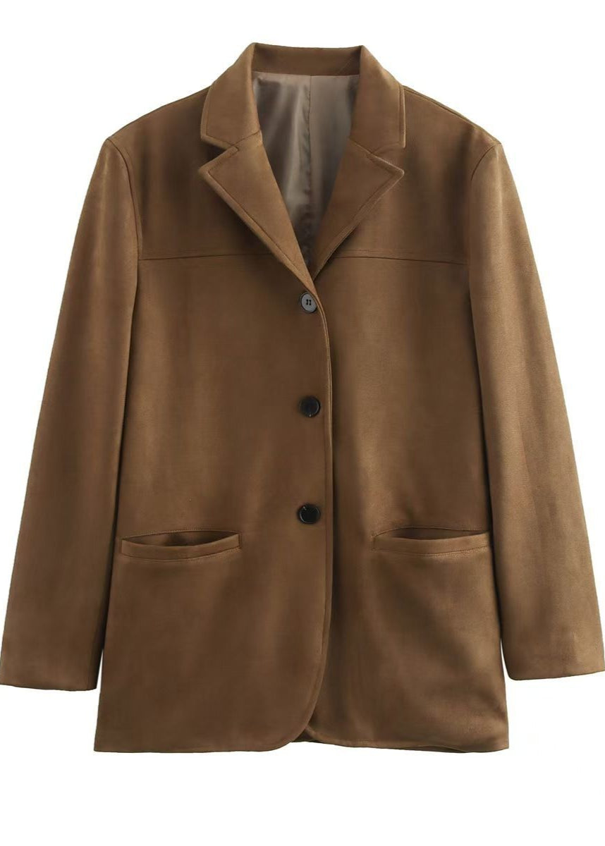 Delora - Suede Button-Front Blazer with Patch Pockets