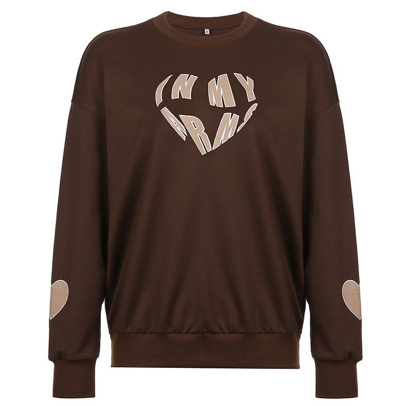 Love Print Loose Brown Pullover Crewneck Sweater Women