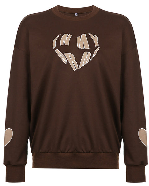 Love Print Loose Brown Pullover Crewneck Sweater Women