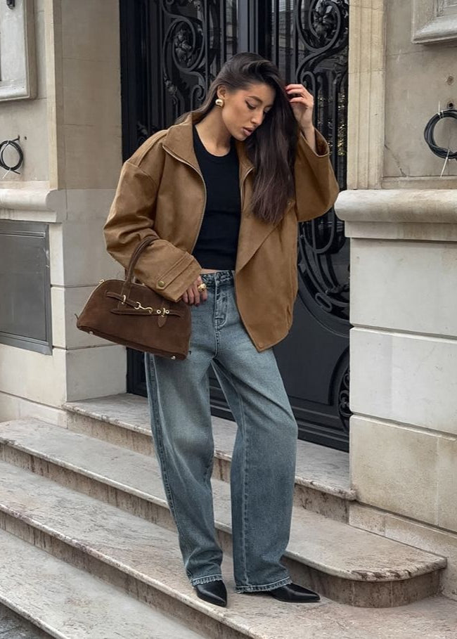 Chaqueta bomber de ante sintético Sienna – Sobredimensionada con cremallera y hombros caídos