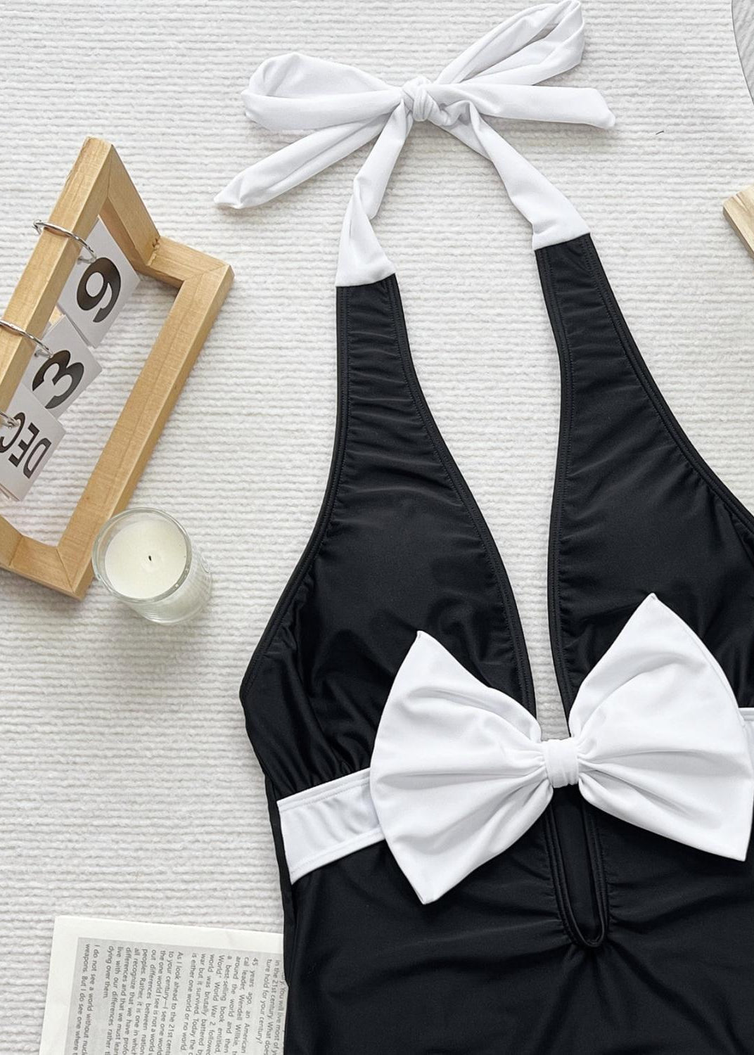 Monaco Bow - Halter Neck One Piece Swimsuit with White Front Tie