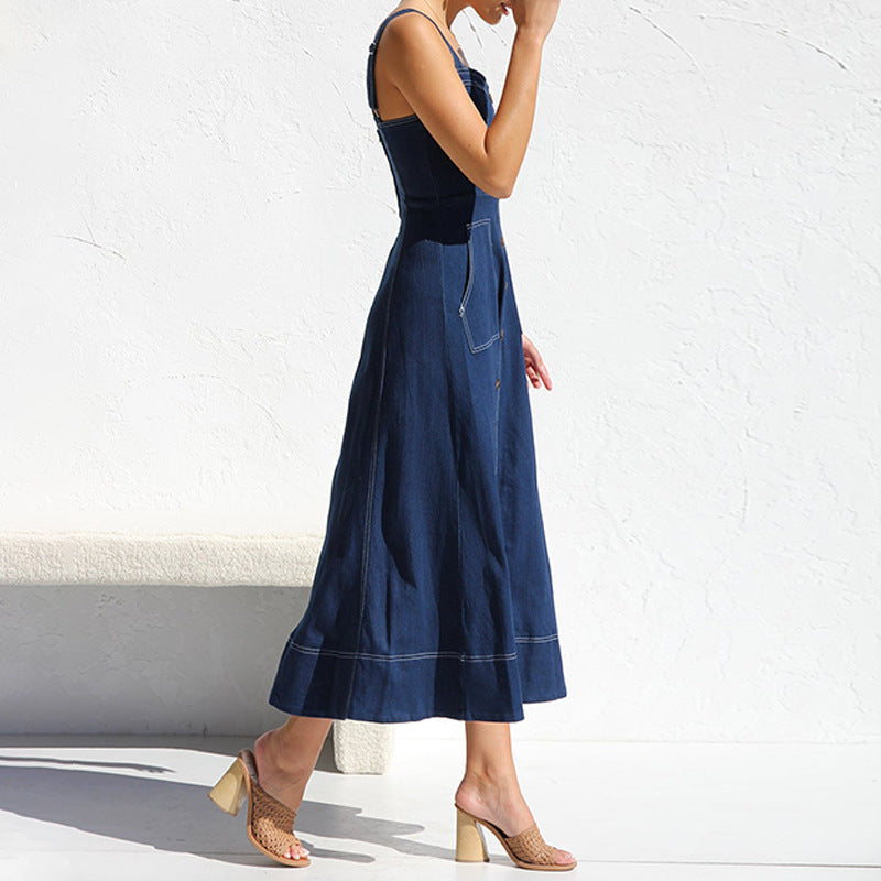 Robe mi-longue boutonnée en denim Santorini Indigo