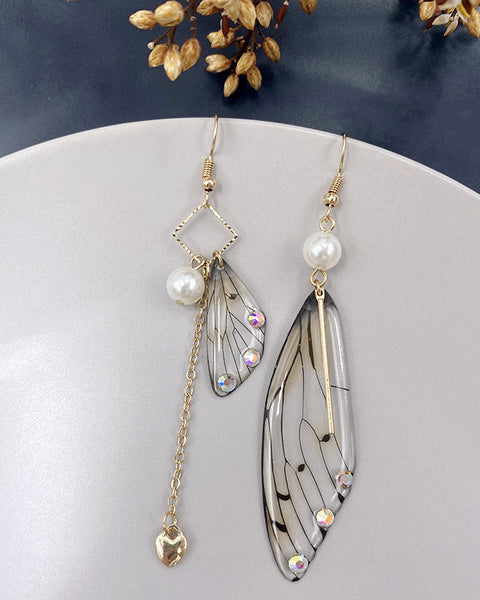 Butterfly Wing Grey Gold Foil Cicada Wing Tassel Earrings - VibeSoothe