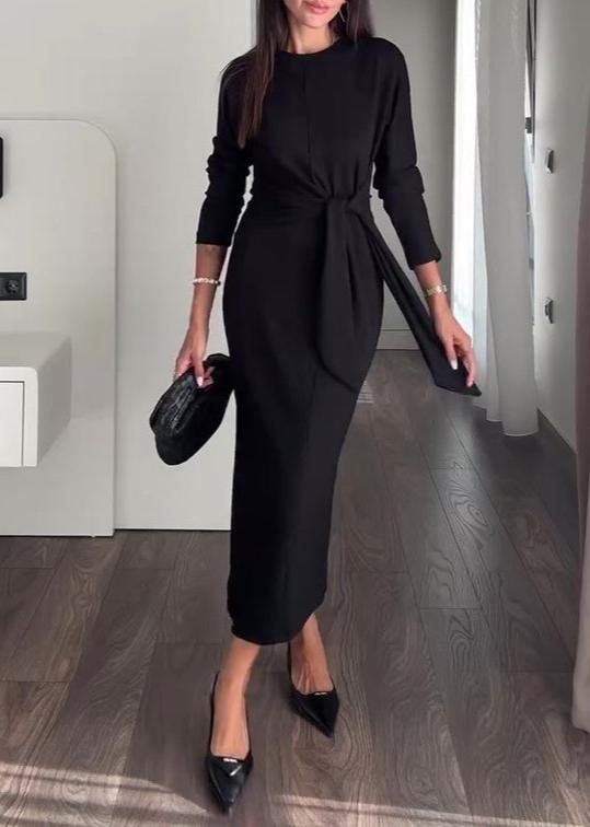 Timeless Elegance - Solid Color Belted Long Sleeve Dress