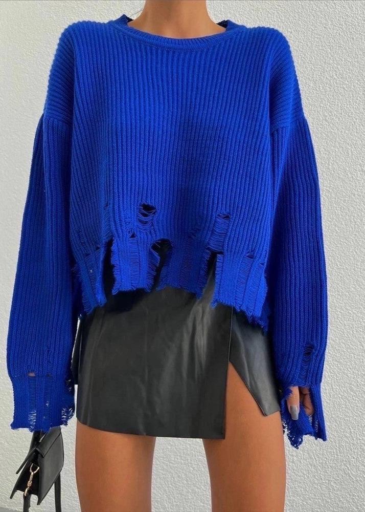 Fashion Ripped Casual Knitted Sweater - VibeSoothe