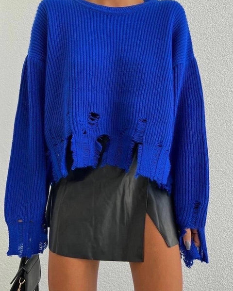 Fashion Ripped Casual Knitted Sweater - VibeSoothe