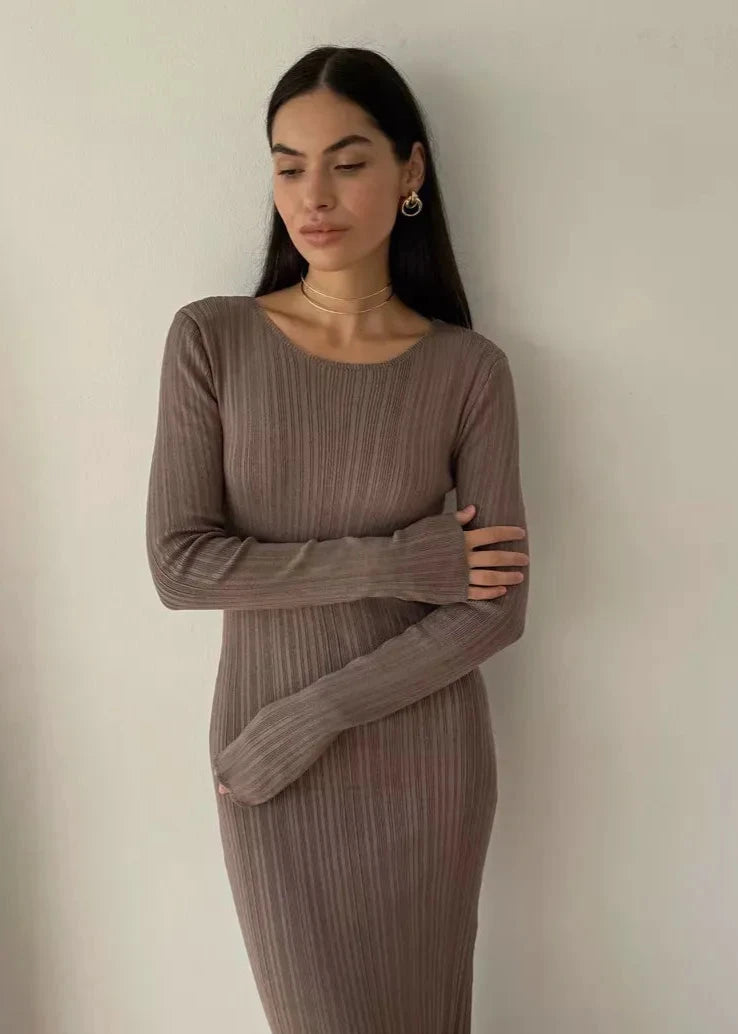 Elegant Ribbed Knit Long Sleeve Dress