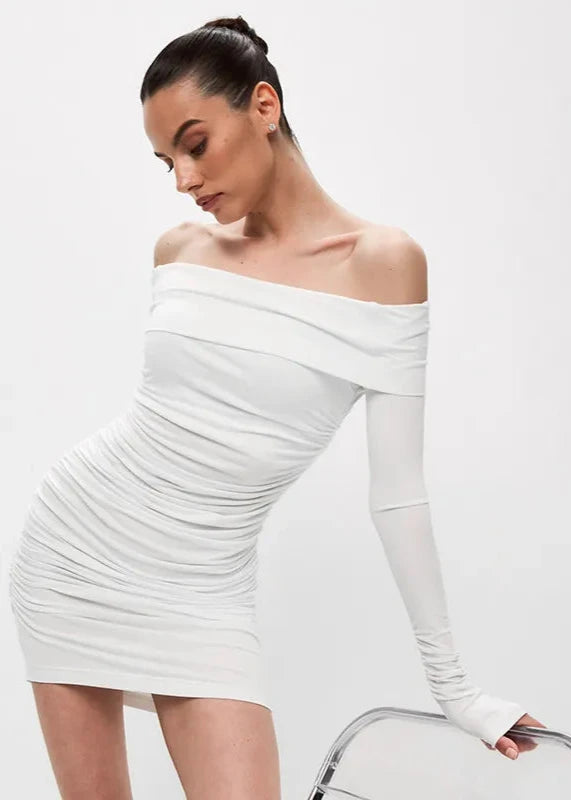 Elegant Off-Shoulder Ruched Bodycon Dress – Timeless Chic for Every Occasion