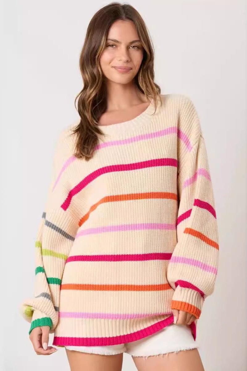 Colorful Striped Knit Sweater - Round Neck Long Sleeve