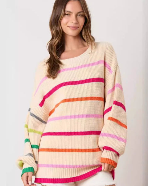 Colorful Striped Knit Sweater - Round Neck Long Sleeve