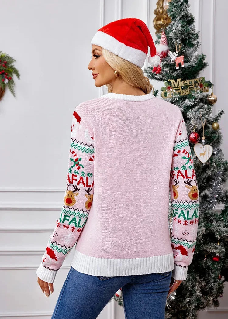 Festive Pink Knitted Christmas Sweater - Cheerful and Cozy