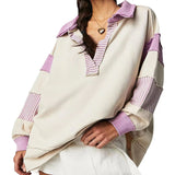 Loose V-neck Casual Long Sleeve Pullover Split Patchwork Sweater - VibeSoothe