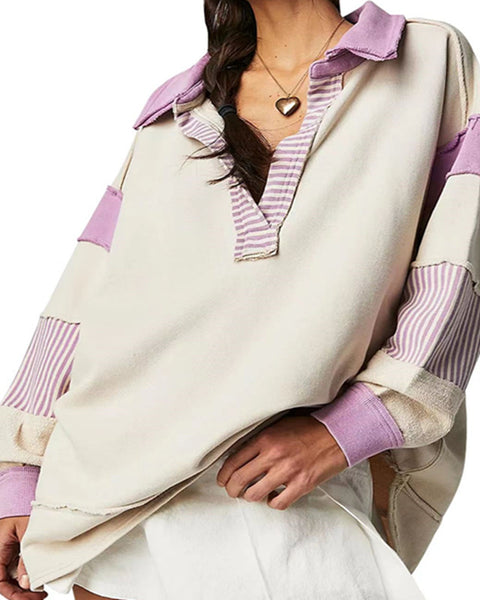 Loose V-neck Casual Long Sleeve Pullover Split Patchwork Sweater - VibeSoothe