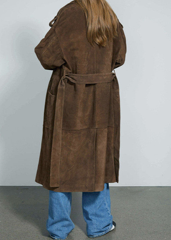 Abrigo largo tipo gabardina con cinturón de ante – Chaqueta marrón sobredimensionada de doble botonadura