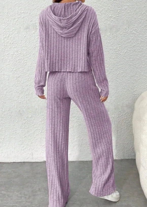 Striped Knit Long Hoodie and Pants Set