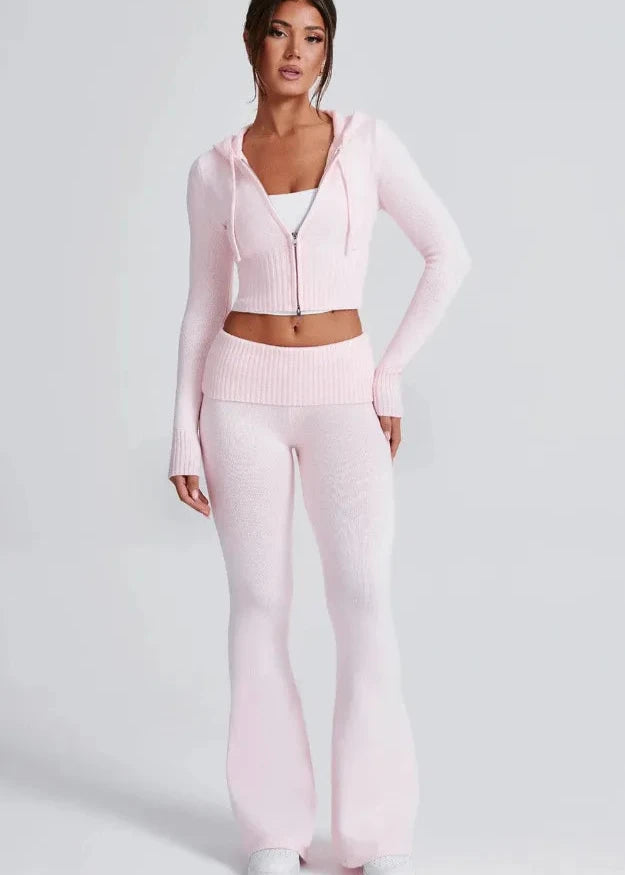 Ensemble Sweat à Capuche Ajusté et Pantalons Évasés Bliss Knit