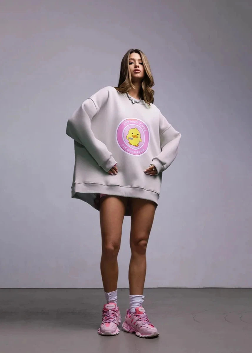 Charming Duck Graphic Oversized Pink Sweatshirt