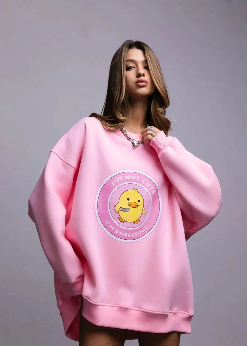 Charming Duck Graphic Oversized Pink Sweatshirt