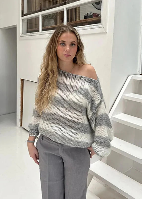 Relaxed Striped Knit Off-Shoulder Sweater