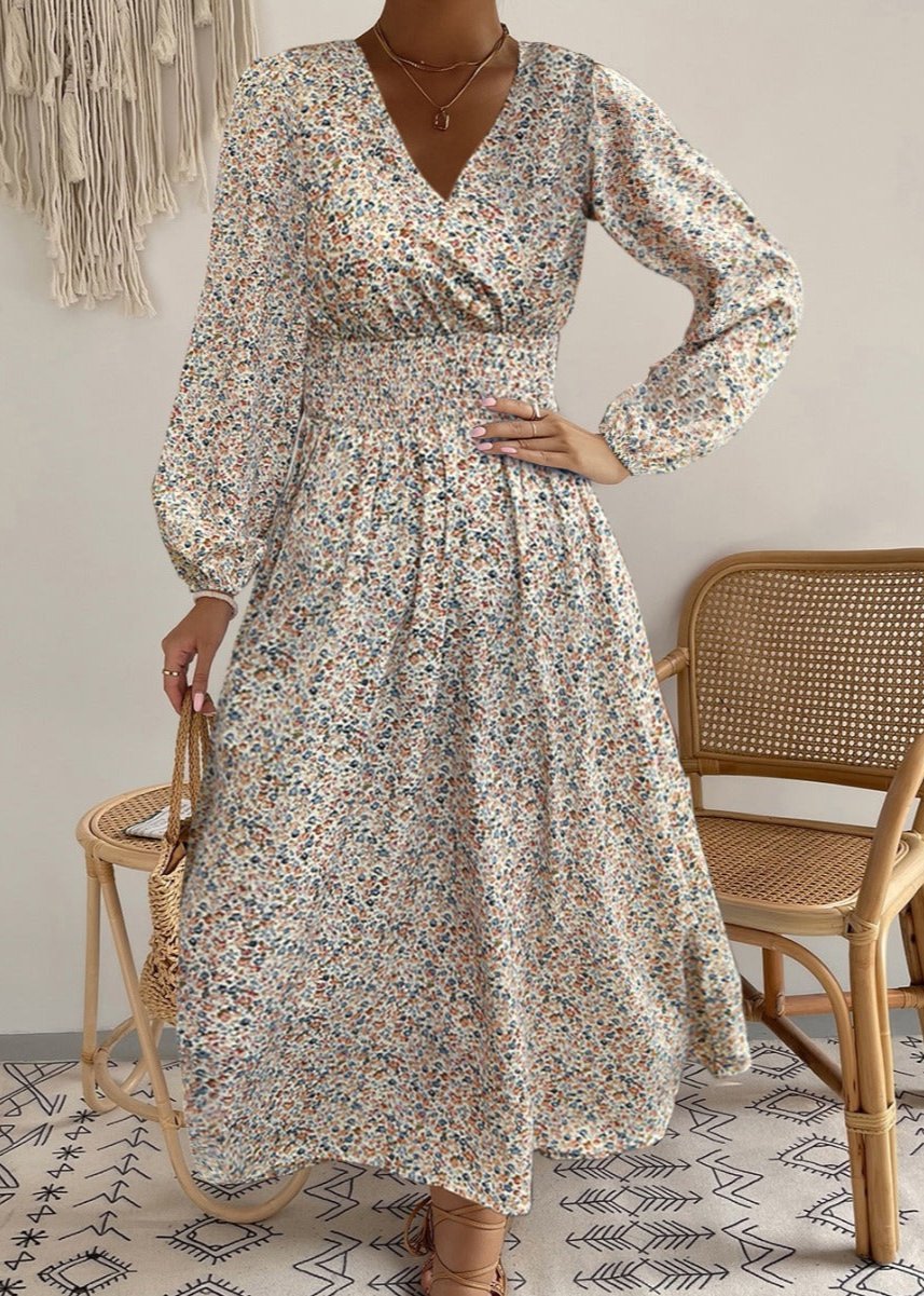 V-Neck Floral Print Long Sleeve Dress