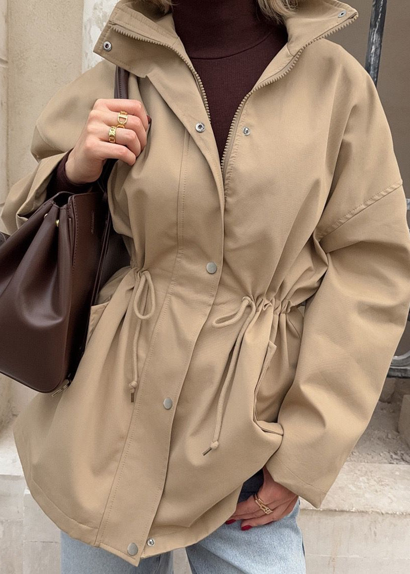 Beige Drawstring Waist Coat - Modern Mid-Length Jacket