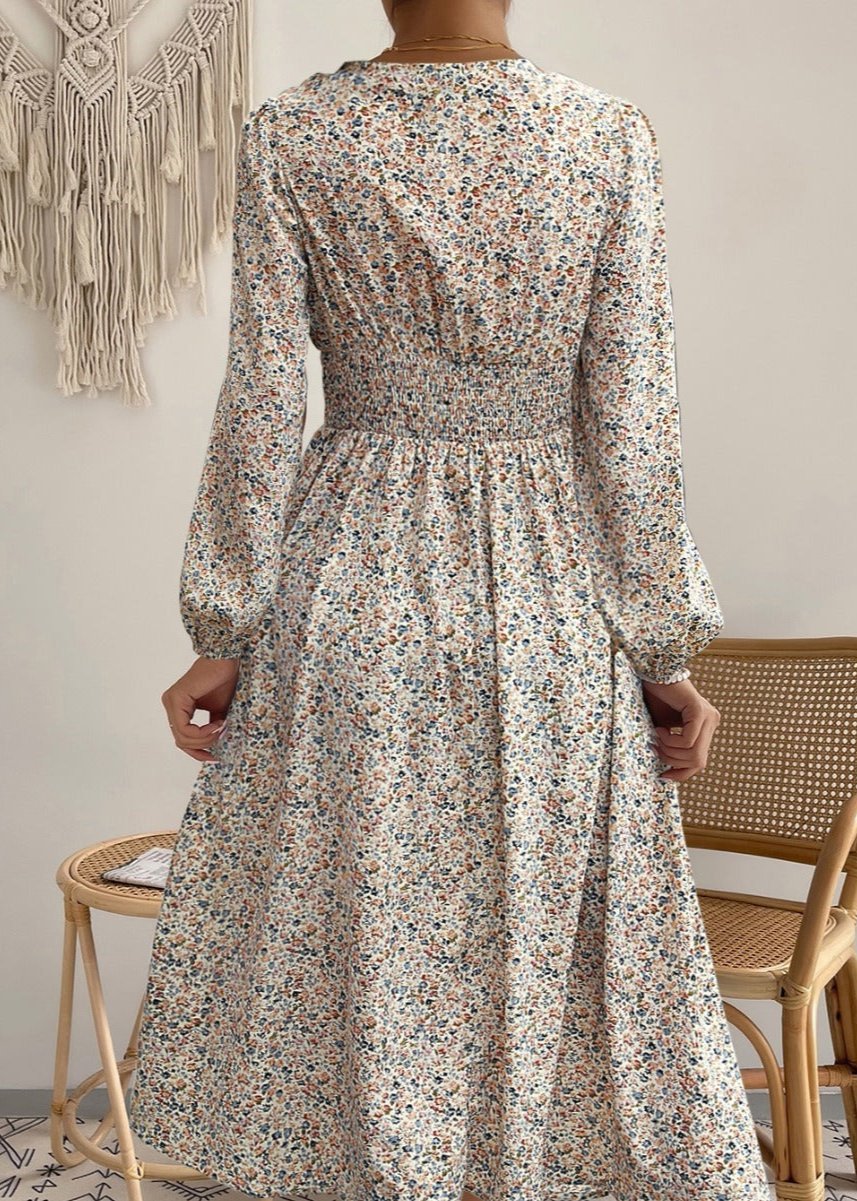 V-Neck Floral Print Long Sleeve Dress