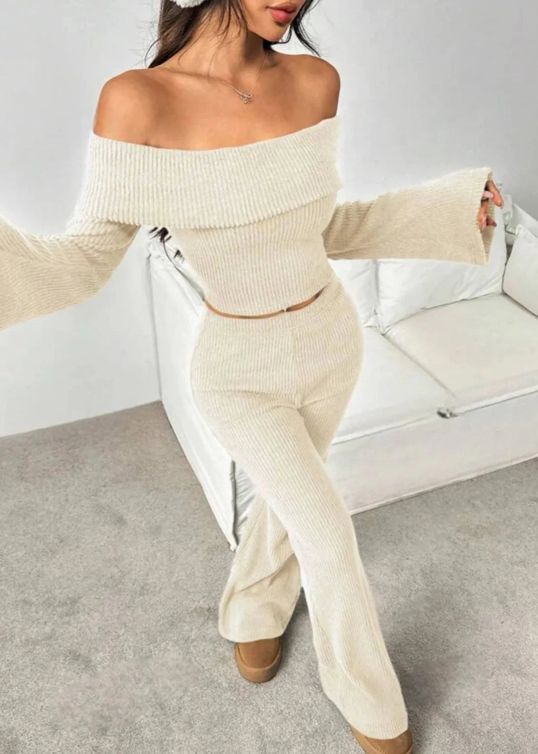 Off-the-Shoulder Ribbed Knit Lounge Set