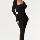 Eclipse Elegance - One-Shoulder Slim-Fit Maxi Dress - VibeSoothe