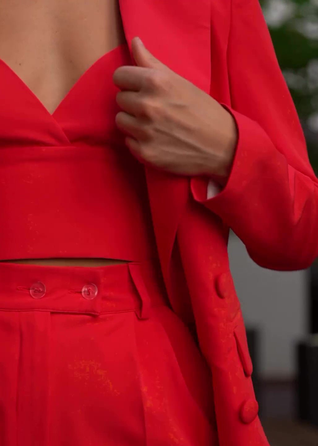 Bold Red Three-Piece Suit with Camisole & High-Waisted Pants