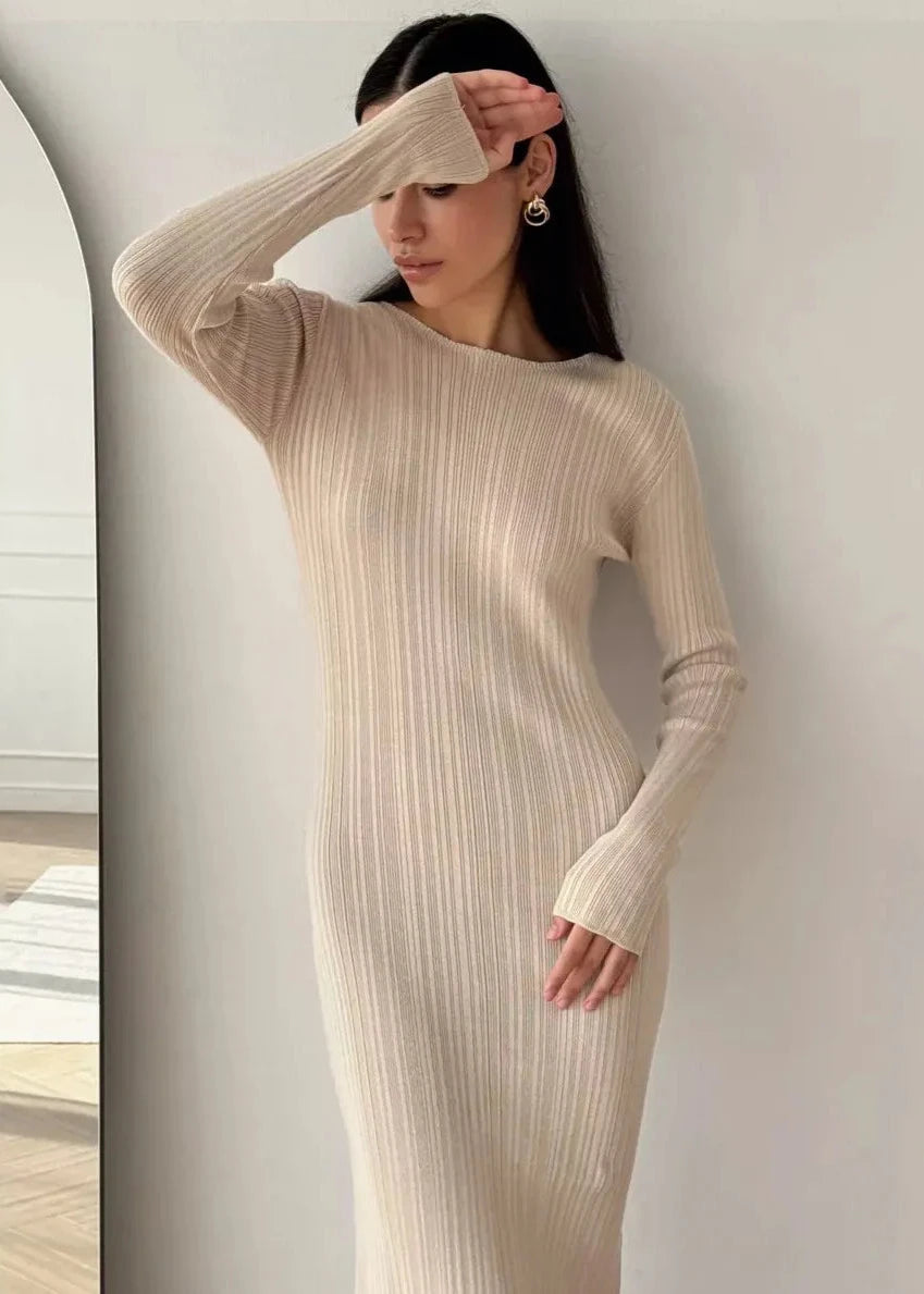 Elegant Ribbed Knit Long Sleeve Dress