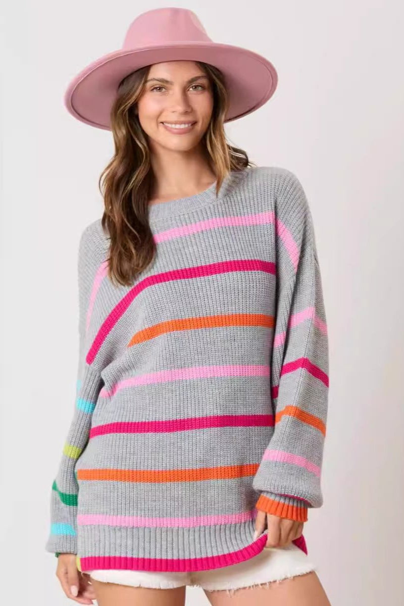 Colorful Striped Knit Sweater - Round Neck Long Sleeve