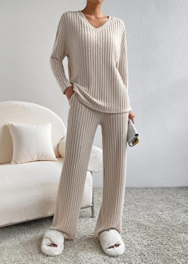 Luxe Geribbelde V-hals Loungewear Set