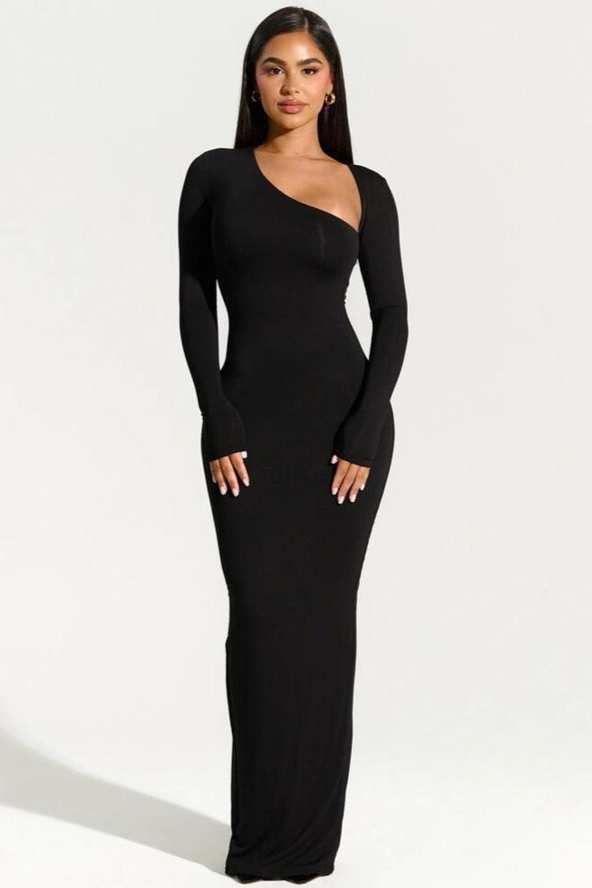 Eclipse Elegance - One-Shoulder Slim-Fit Maxi Dress - VibeSoothe