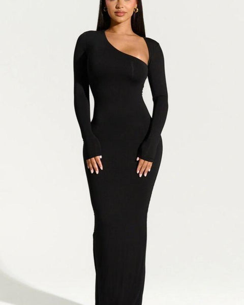 Eclipse Elegance - One-Shoulder Slim-Fit Maxi Dress - VibeSoothe