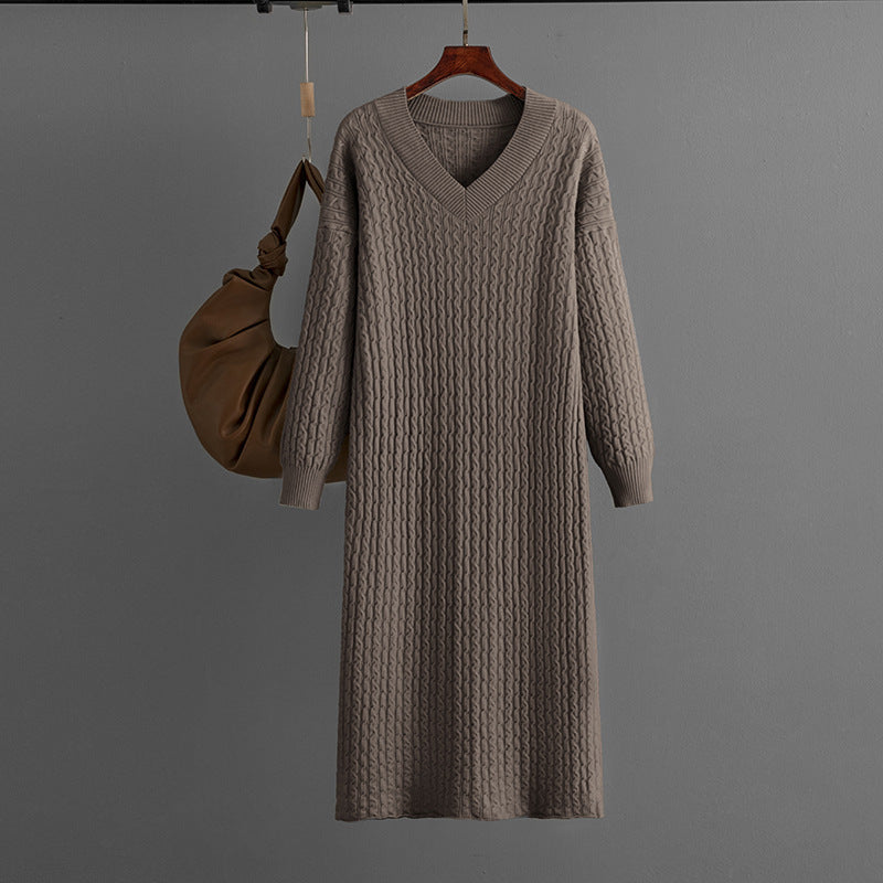 Knitting Dress V-neck Twist Bottoming Sweater Skirt Slit In The Back