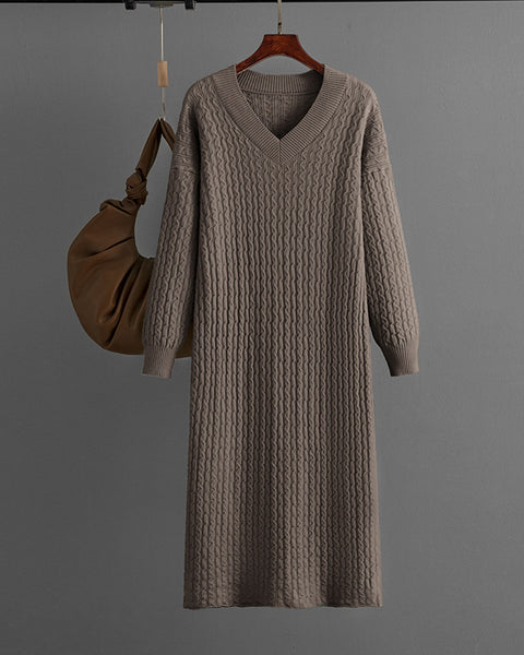 Knitting Dress V-neck Twist Bottoming Sweater Skirt Slit In The Back