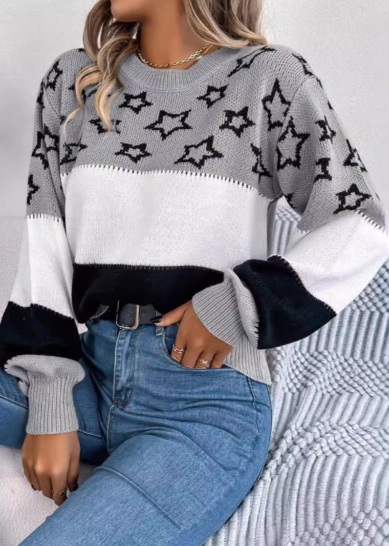 Cosmic Star Pattern Lantern Sleeve Sweater