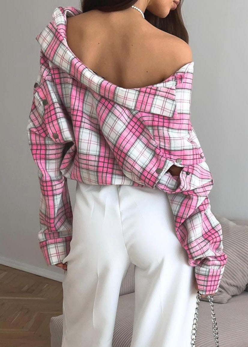 Aubrey - Pink Plaid Snap-Front Oversized Shirt