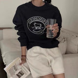 Embroidered Lamb Round Neck Long Sleeve Fleece Pullover - VibeSoothe