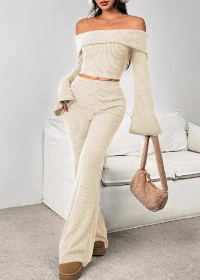 Off-the-Shoulder Ribbed Knit Lounge Set