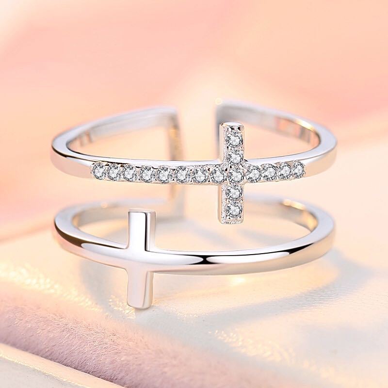 Dual Cross Zircon Ring - Minimalist Copper Band