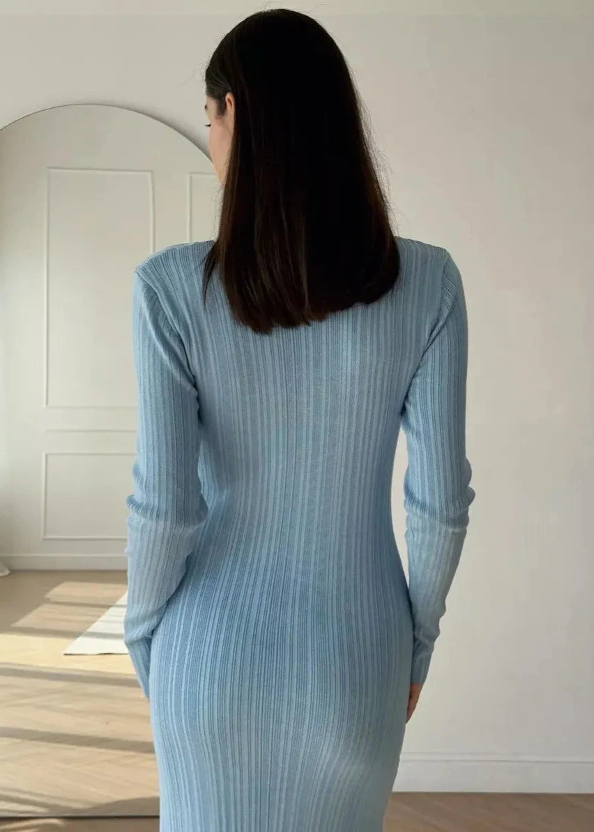 Elegant Ribbed Knit Long Sleeve Dress