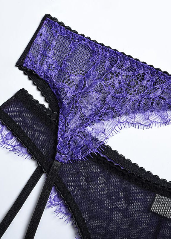 Leona - Purple Lace Underwire Lingerie Set with Garter Straps