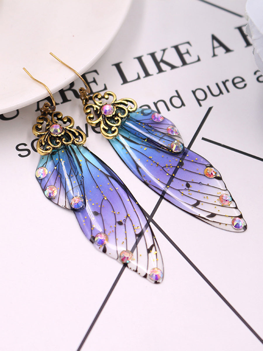 Butterfly Wing Blue Rhinestone Cicada Wing Crystal Earrings - VibeSoothe