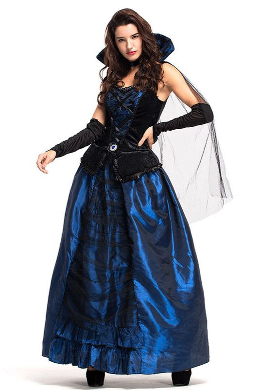 Midnight Duchess - Women’s Blue and Black Vampire Costume Gown with High Collar
