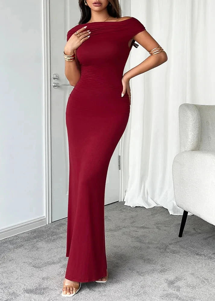 Elegante Slim-Fit Off-Shoulder Maxi Jurk - Zwart